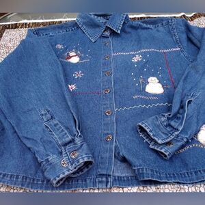 Vtg Company One XL Lslves Button Up Embroidery Winter Print Denim Women's Shirt.